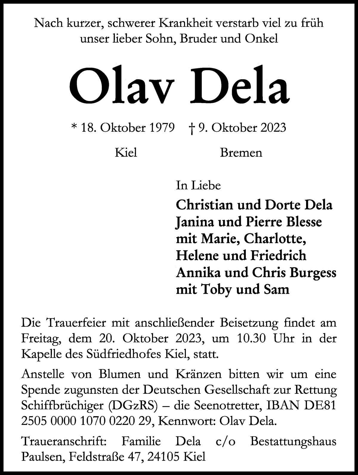 Traueranzeige von Olav Dela von WESER-KURIER