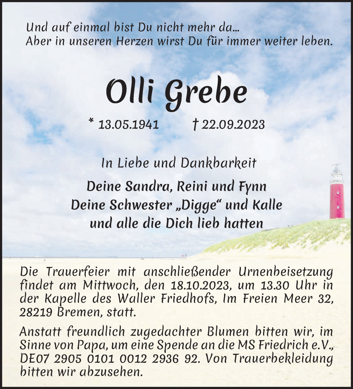 Traueranzeige von Oltmann (Olli) Grebe von WESER-KURIER
