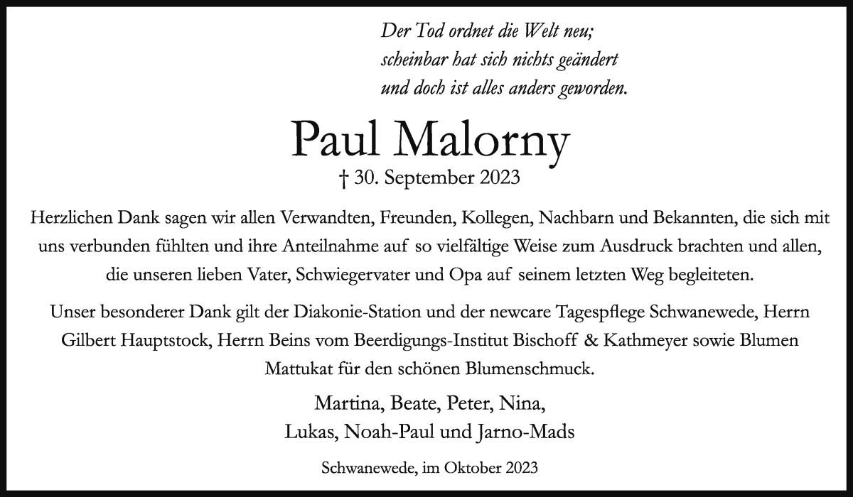 Traueranzeige von Paul Malorny von Die Norddeutsche