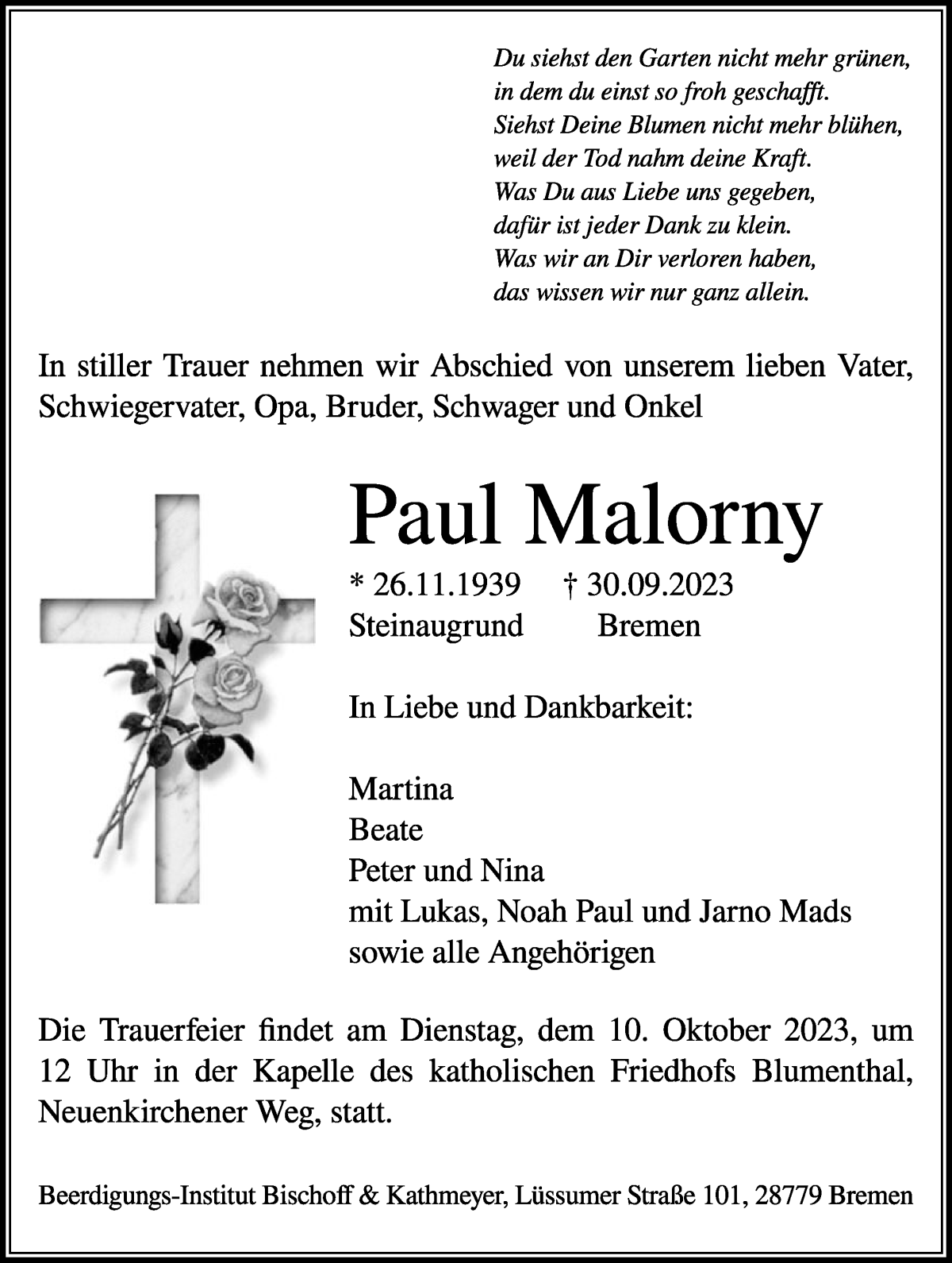 Traueranzeige von Paul Malorny von Die Norddeutsche