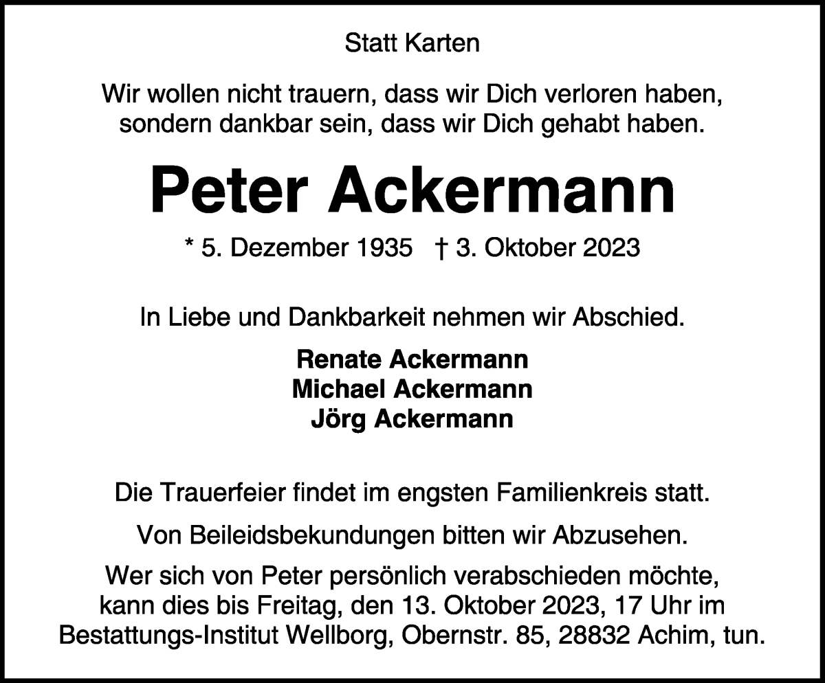 Traueranzeige von Peter Ackermann von WESER-KURIER