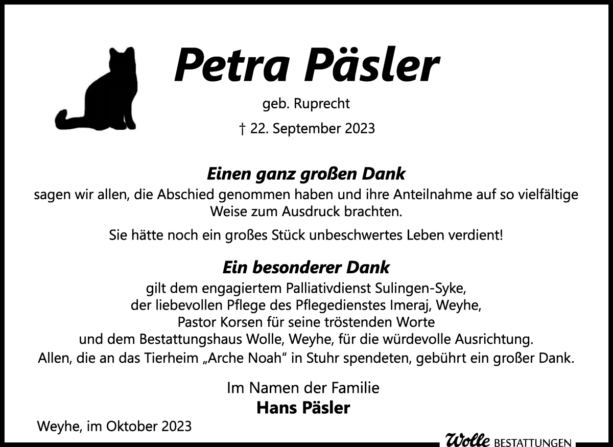 Traueranzeige von Petra Päsler von WESER-KURIER