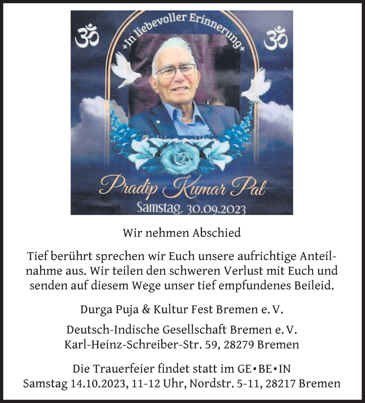 Traueranzeige von Pradip Kumar Pal von WESER-KURIER