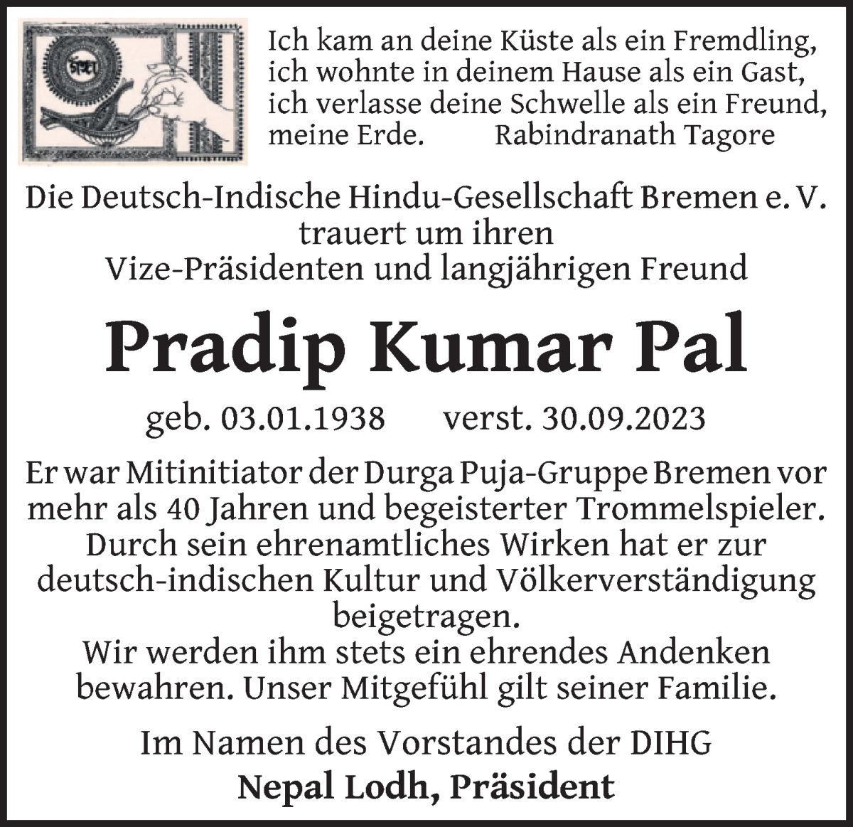 Traueranzeige von Pradip Kumar Pal von WESER-KURIER