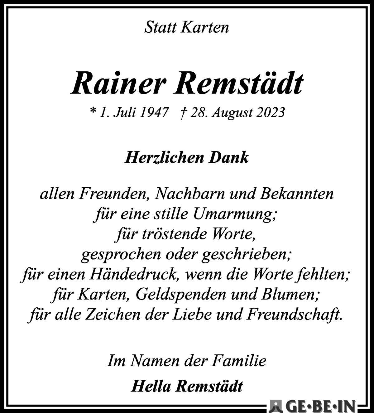Traueranzeige von Rainer Remstädt von WESER-KURIER