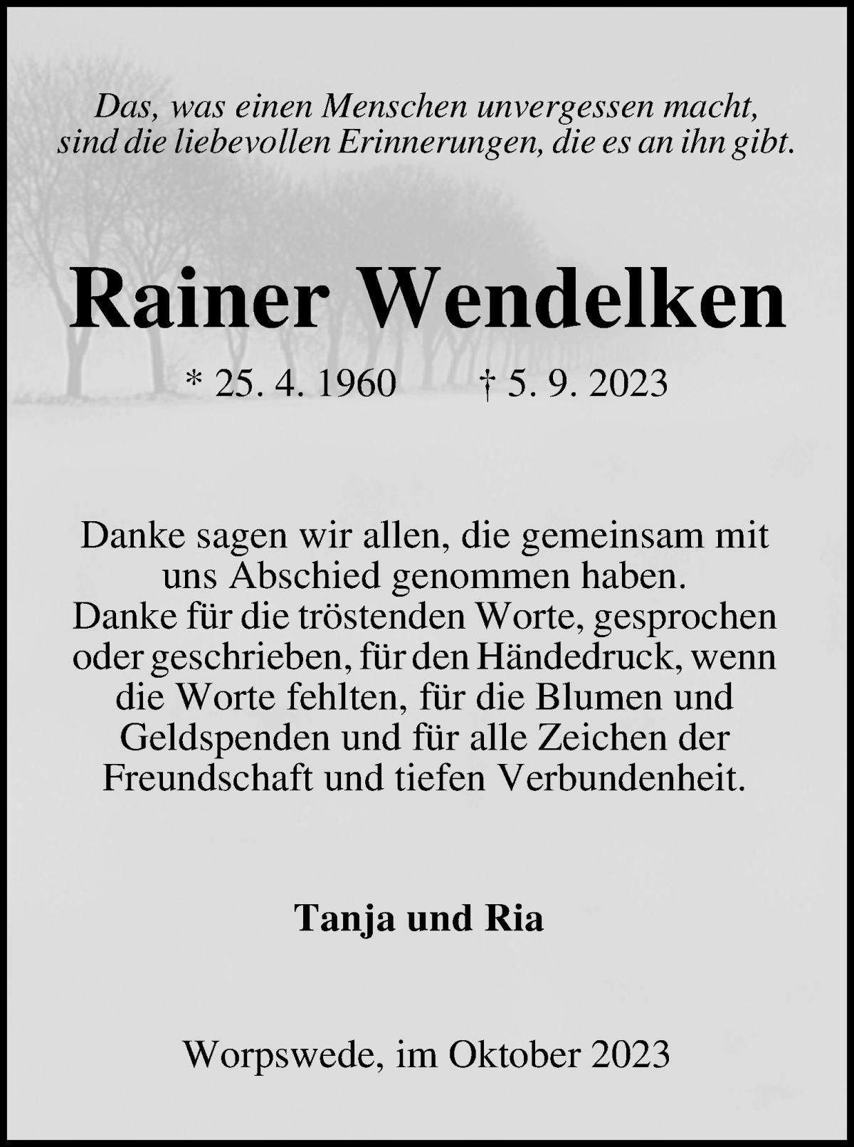 Traueranzeige von Rainer Wendelken von Wuemme Zeitung