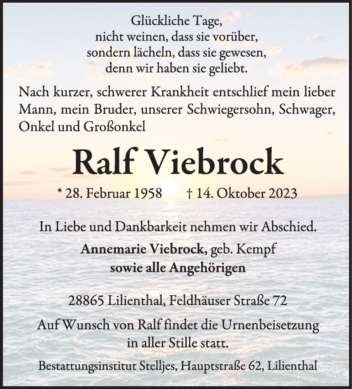 Traueranzeige von Ralf Viebrock von Wuemme Zeitung