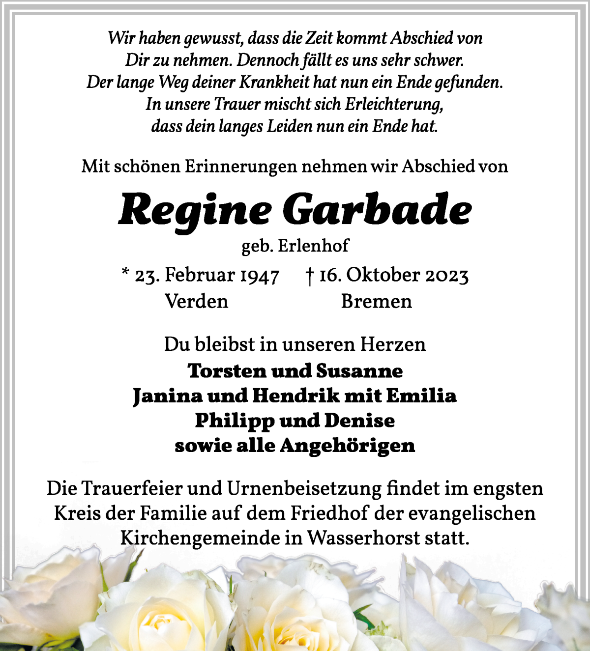 Traueranzeige von Regine Garbade von WESER-KURIER