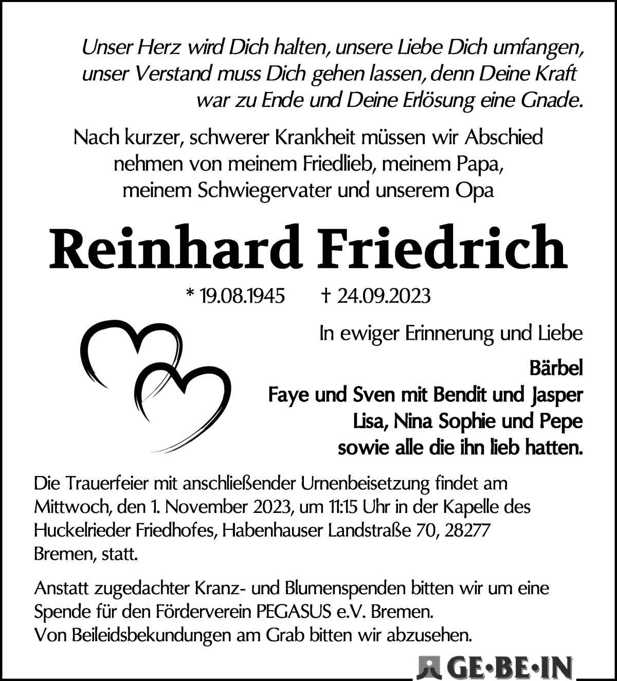 Traueranzeige von Reinhard Friedrich von WESER-KURIER