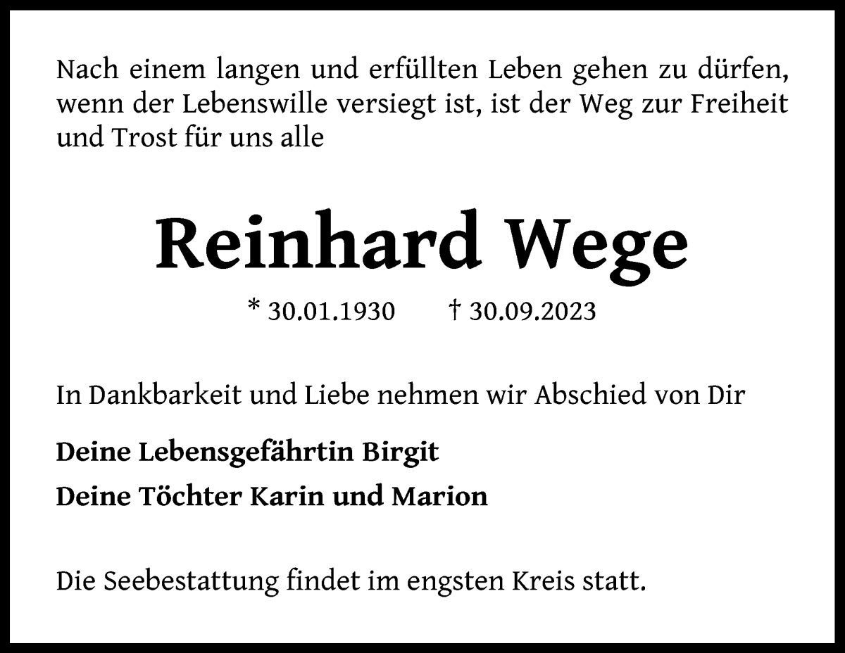 Traueranzeige von Reinhard Wege von Die Norddeutsche