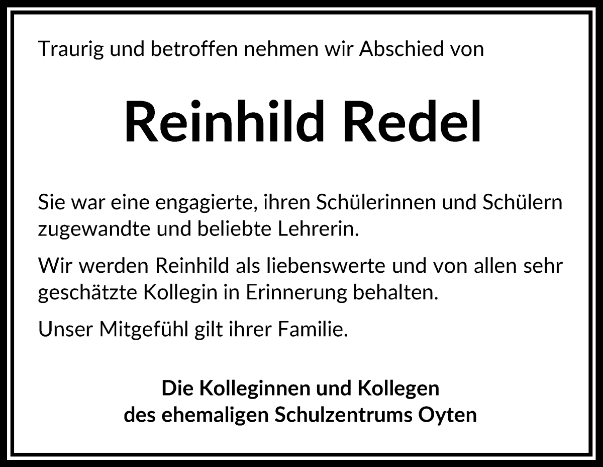 Traueranzeige von Reinhild Redel von Achimer Kurier/Verdener Nachrichten