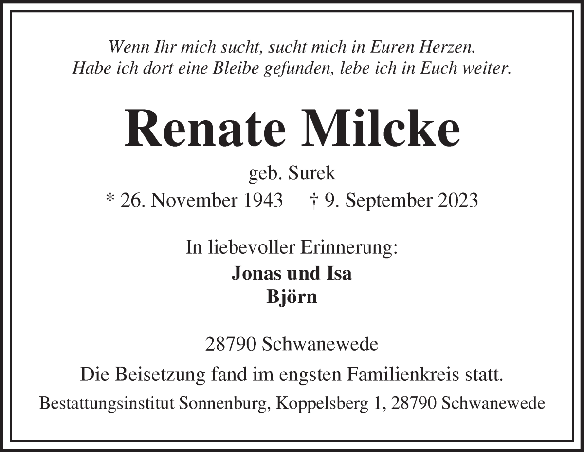 Traueranzeige von Renate Milcke von Die Norddeutsche