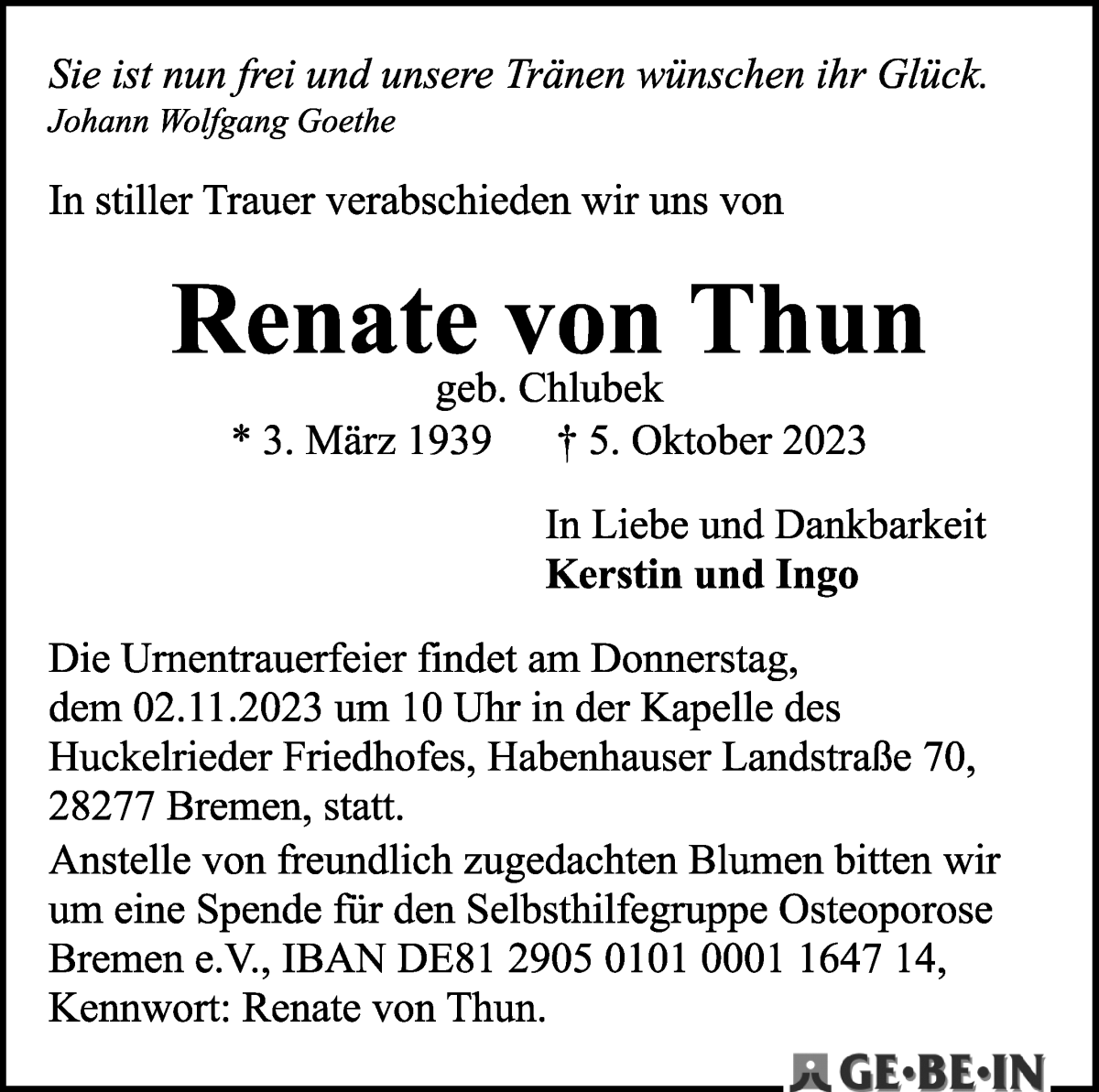 Traueranzeige von Renate von Thun von WESER-KURIER