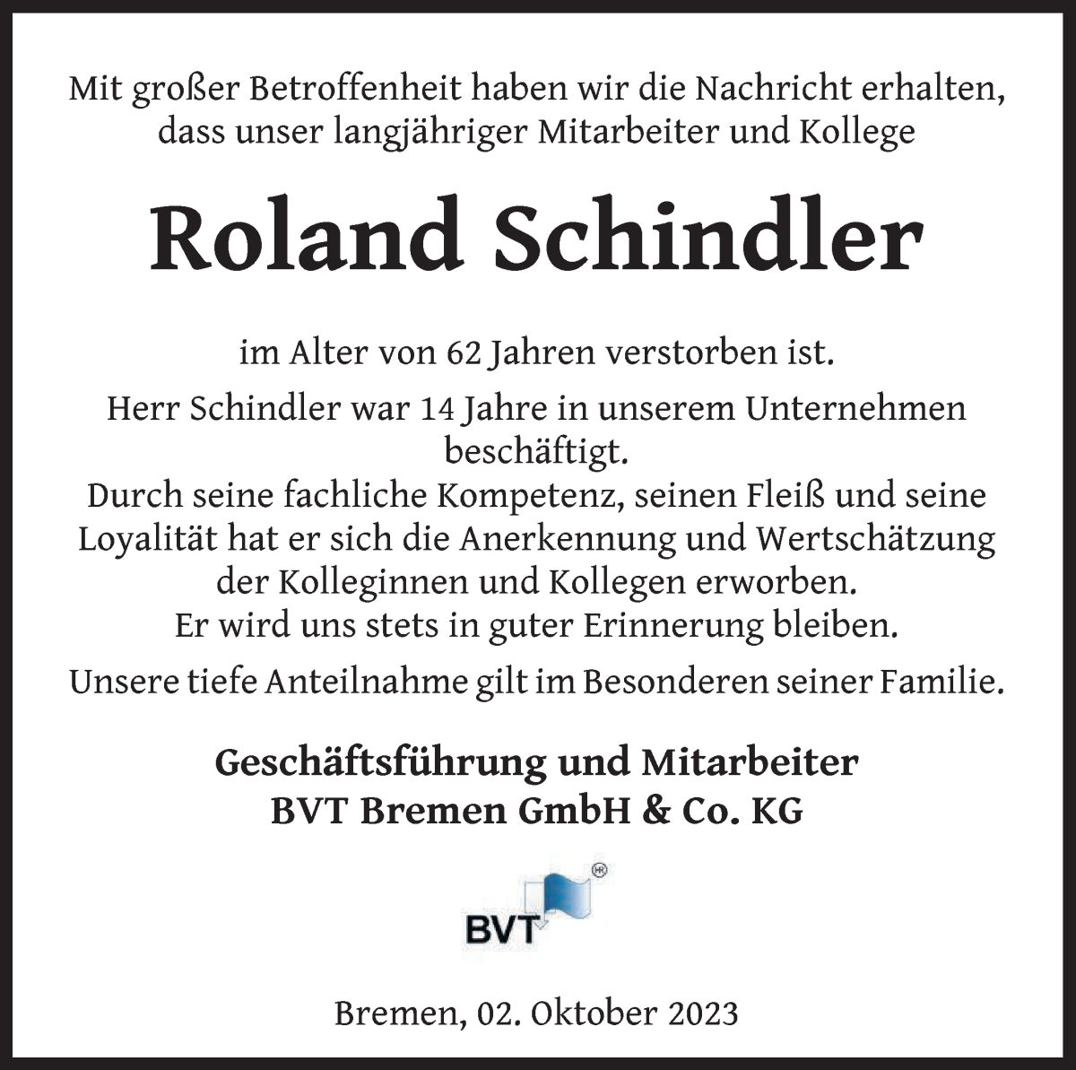 Traueranzeige von Roland Schindler von WESER-KURIER