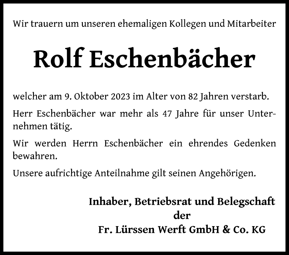 Traueranzeige von Rolf Eschenbächer von Die Norddeutsche