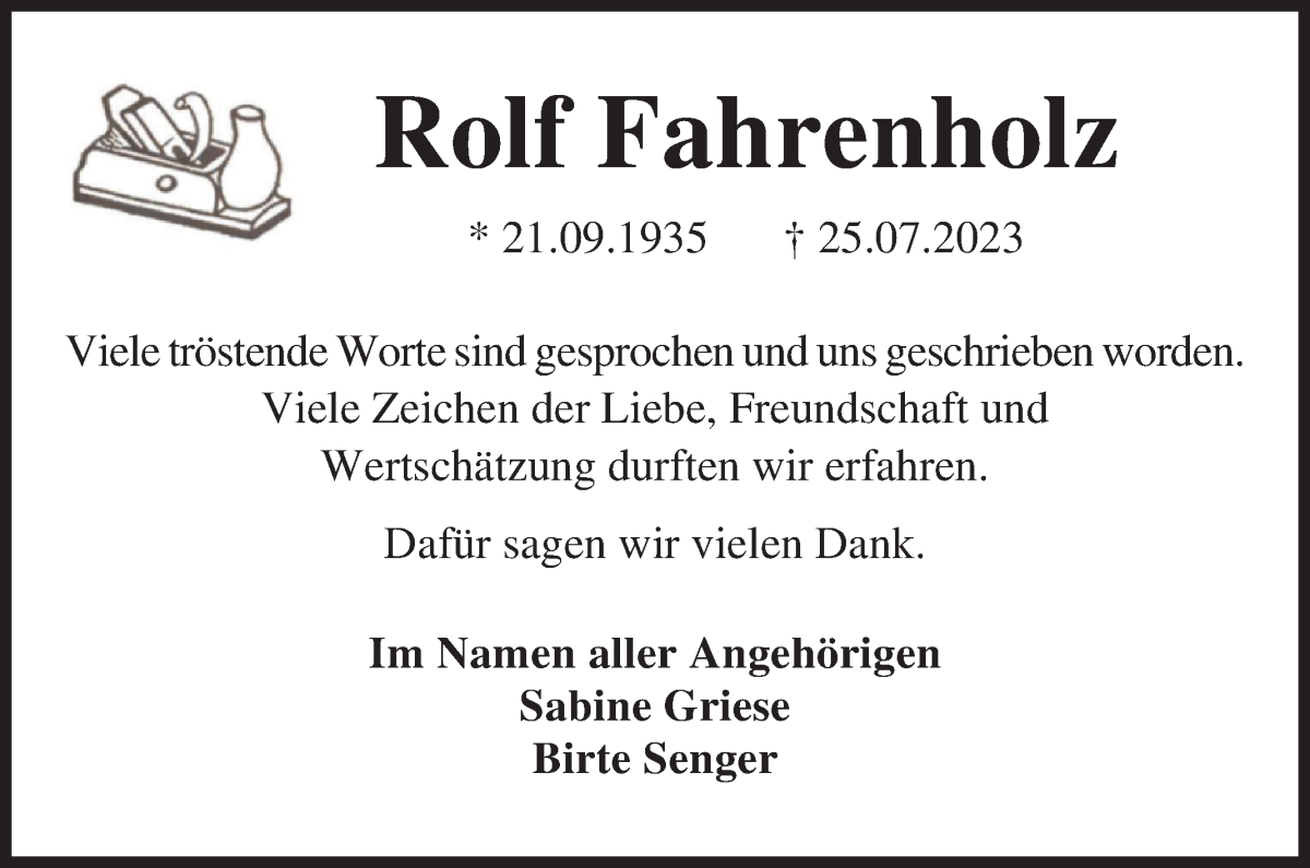 Traueranzeige von Rolf Fahrenholz von WESER-KURIER