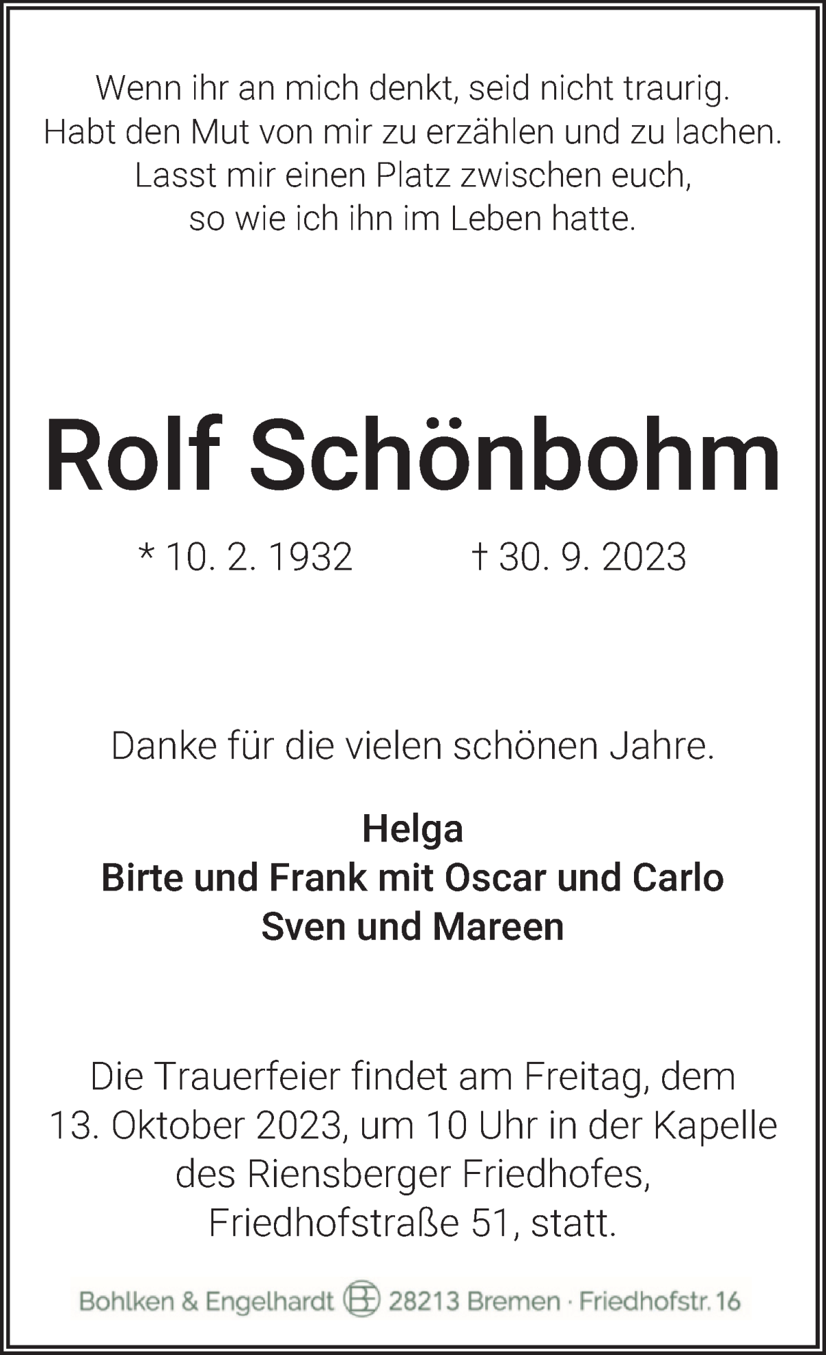 Traueranzeige von Rolf Schönbohm von WESER-KURIER
