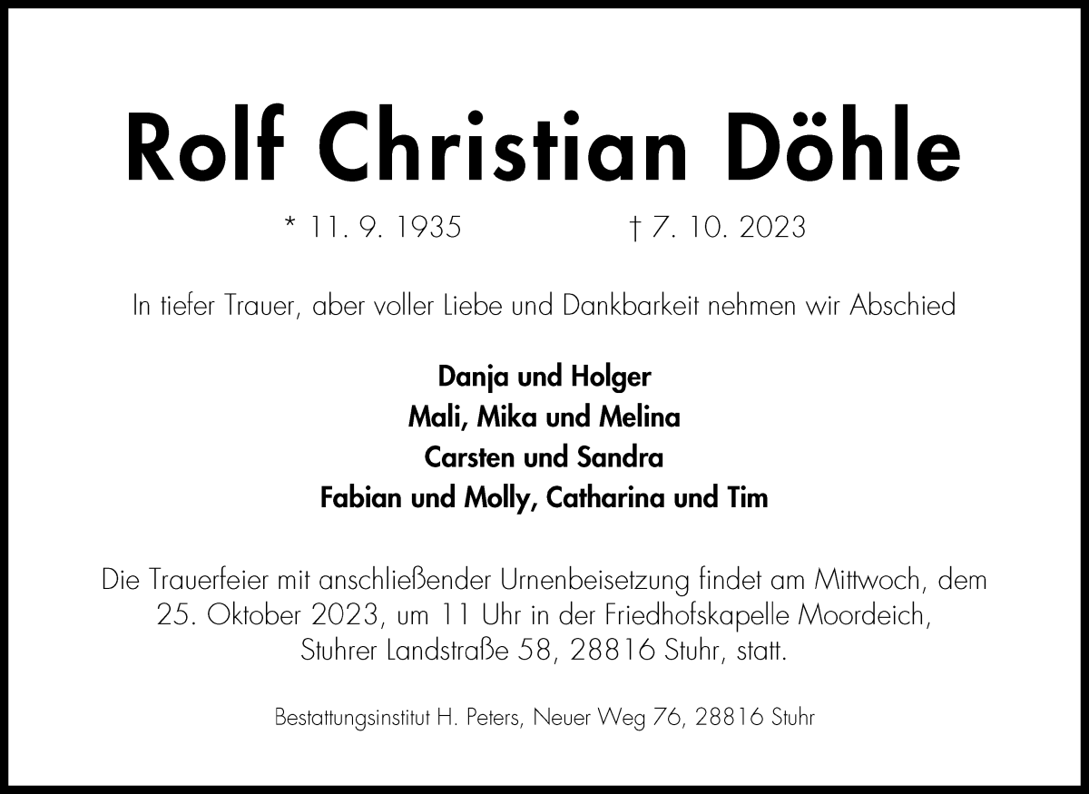 Traueranzeige von Rolf Christian Döhle von WESER-KURIER