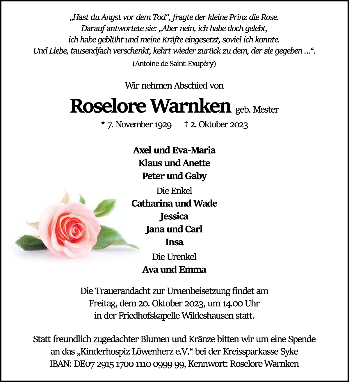 Traueranzeige von Roselore Warnken von WESER-KURIER