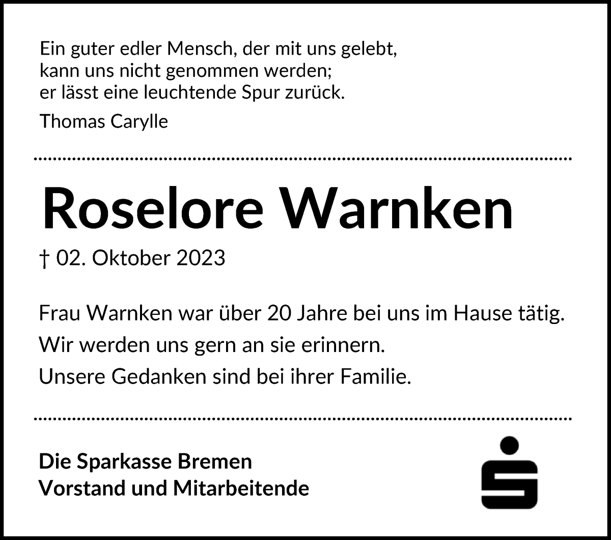 Traueranzeige von Roselore Warnken von WESER-KURIER
