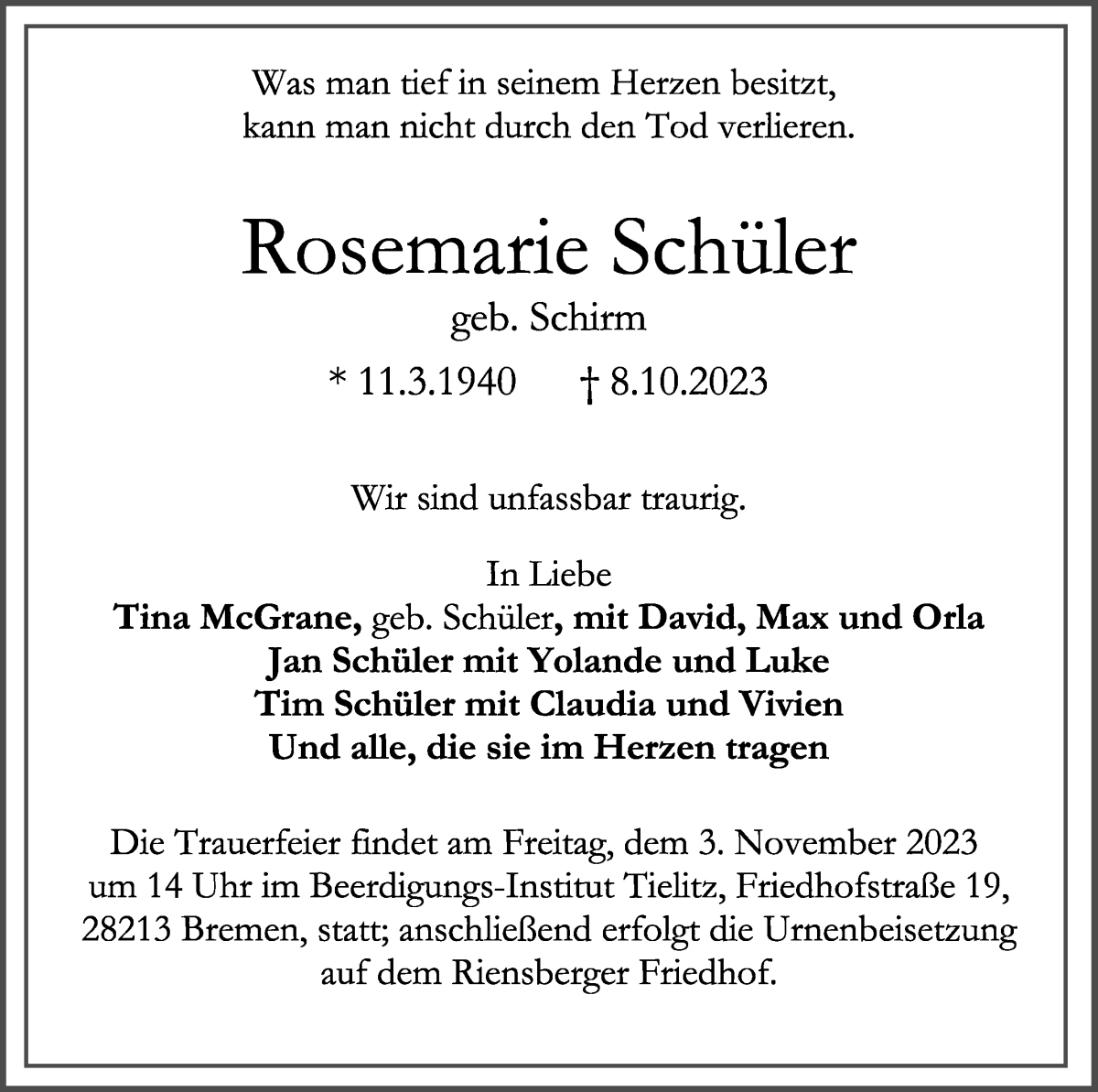Traueranzeige von Rosemarie Schüler von WESER-KURIER