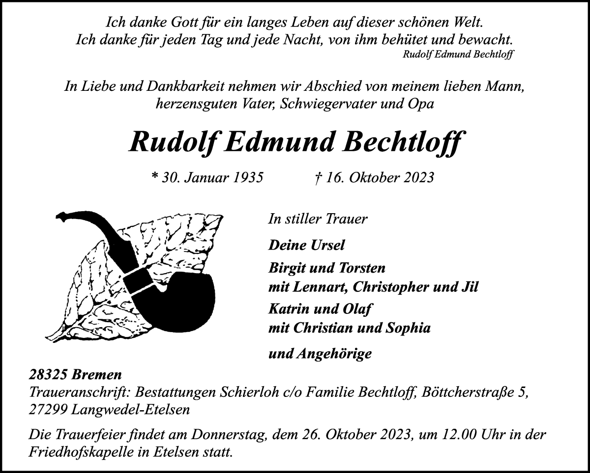 Traueranzeige von Rudolf Edmund Bechtloff von WESER-KURIER