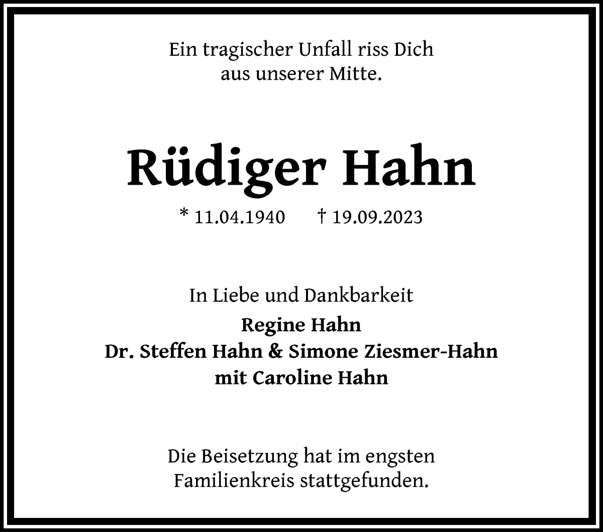 Traueranzeige von Rüdiger Hahn von WESER-KURIER