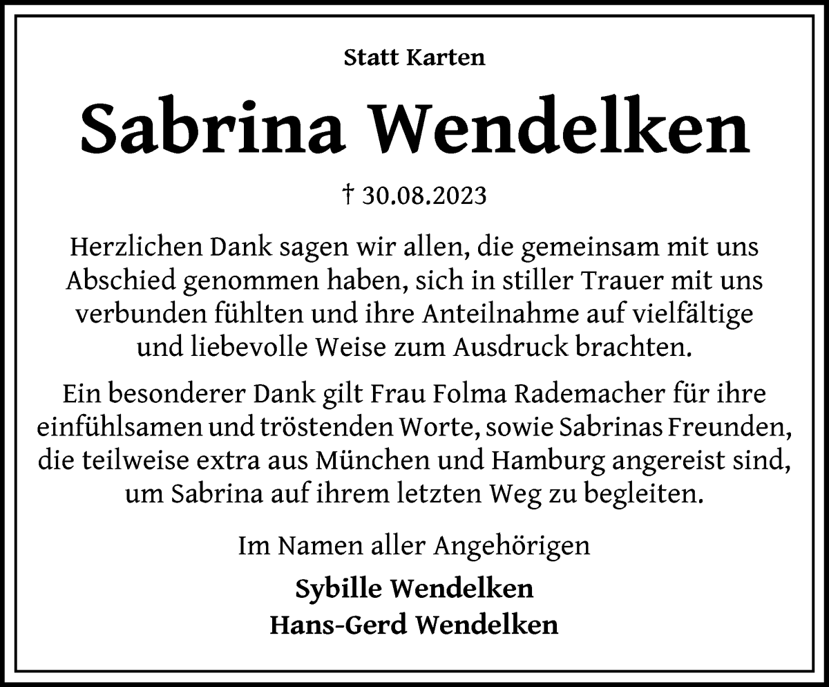 Traueranzeige von Sabrina Wendelken von Wuemme Zeitung