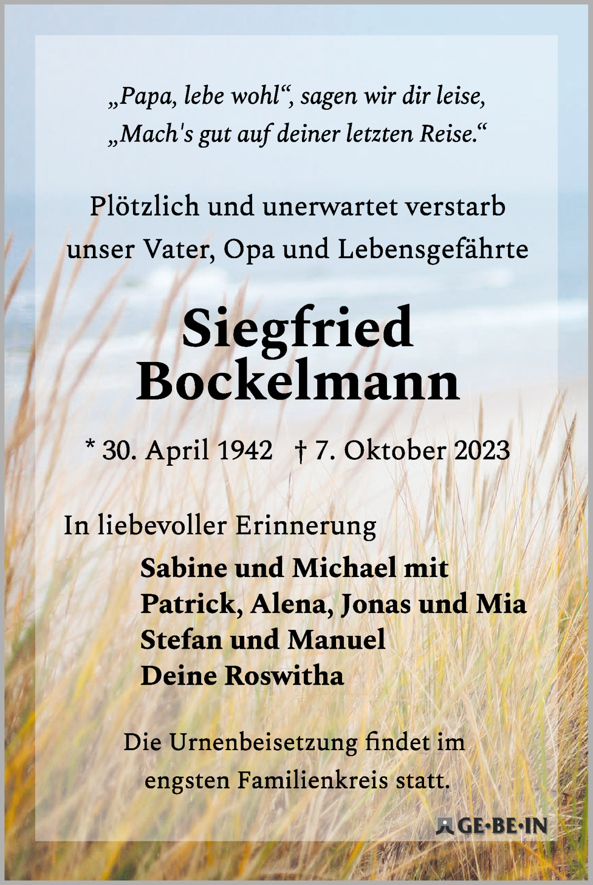 Traueranzeige von Siegfried Bockelmann von WESER-KURIER