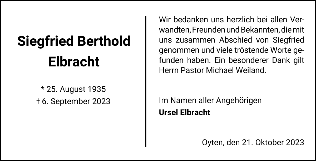 Traueranzeige von Siegfried Berthold Elbracht von WESER-KURIER