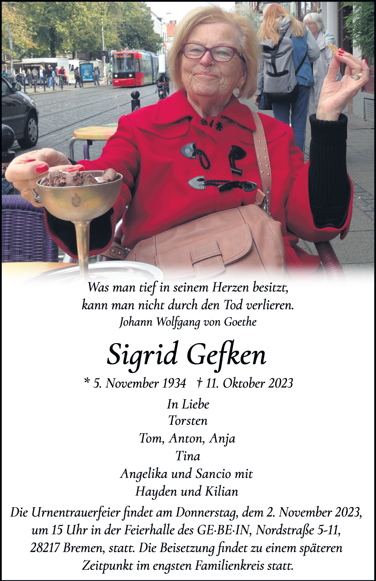 Traueranzeige von Sigrid Gefken von WESER-KURIER