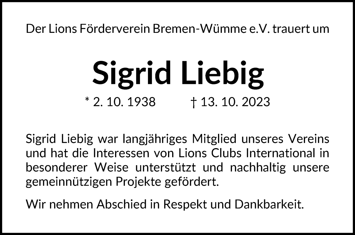Traueranzeige von Sigrid Liebig von WESER-KURIER