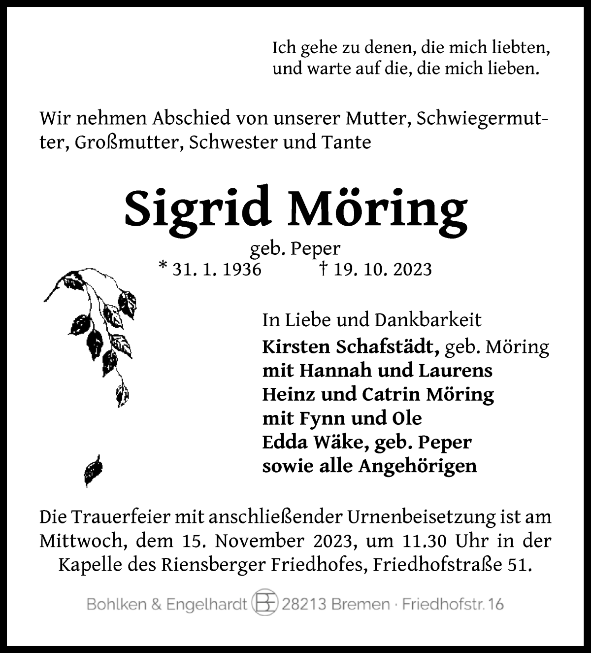 Traueranzeige von Sigrid Möring von WESER-KURIER