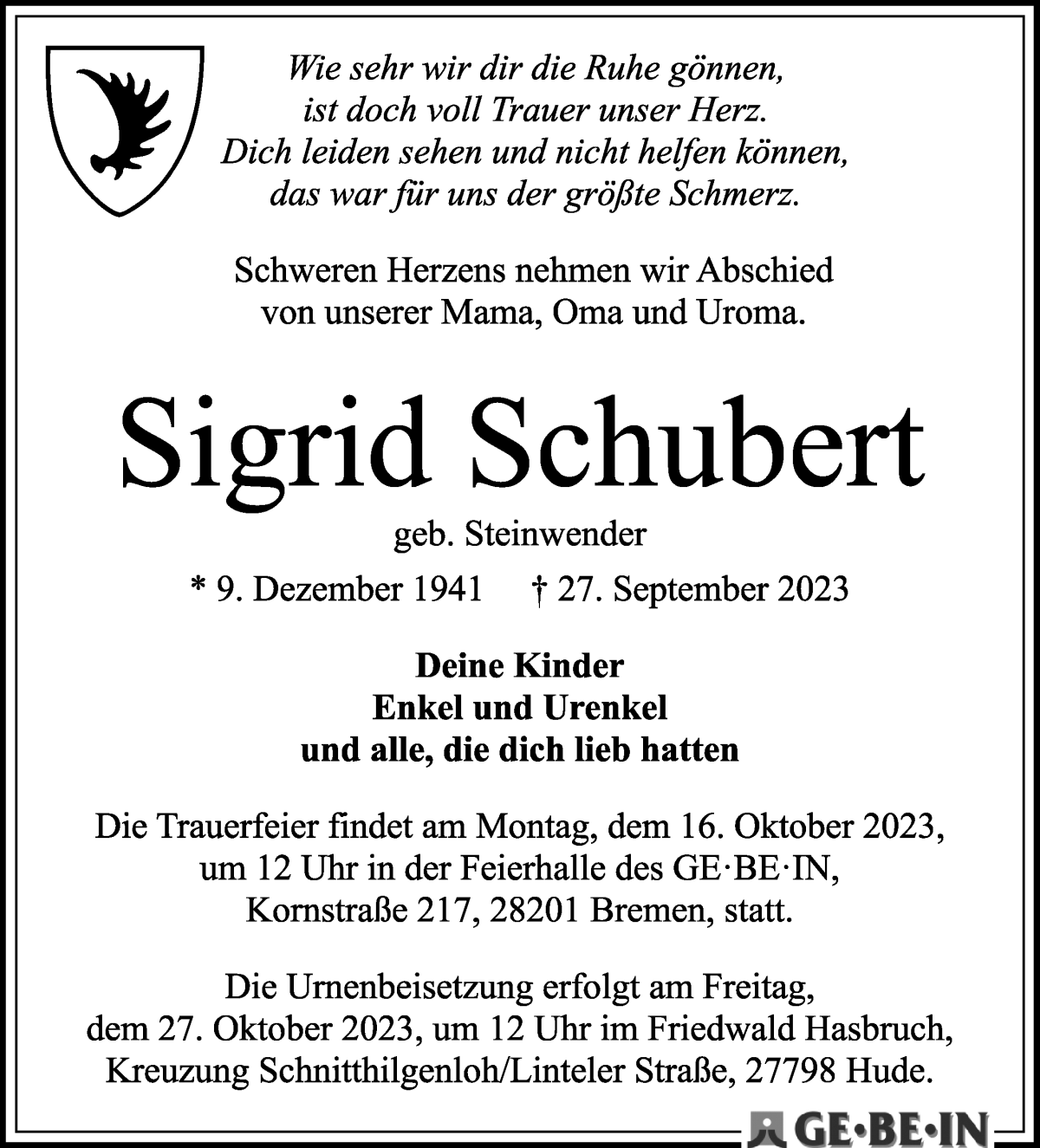 Traueranzeige von Sigrid Schubert von WESER-KURIER