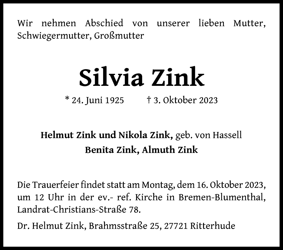 Traueranzeige von Silvia Zink von Die Norddeutsche