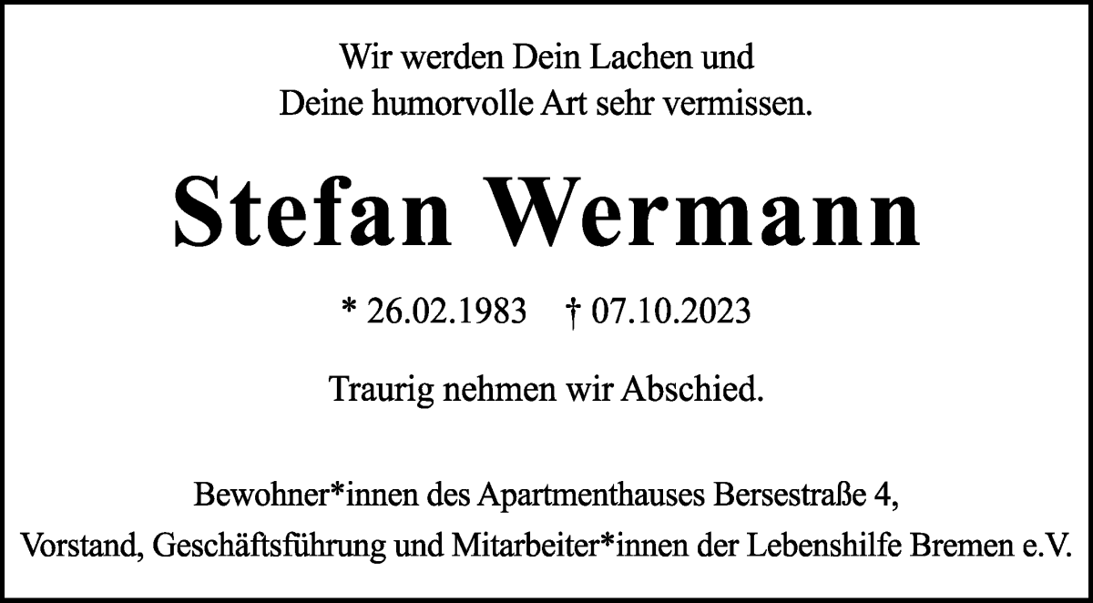 Traueranzeige von Stefan Wermann von Die Norddeutsche