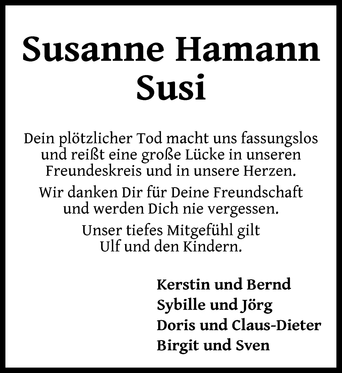Traueranzeige von Susanne Hamann von WESER-KURIER