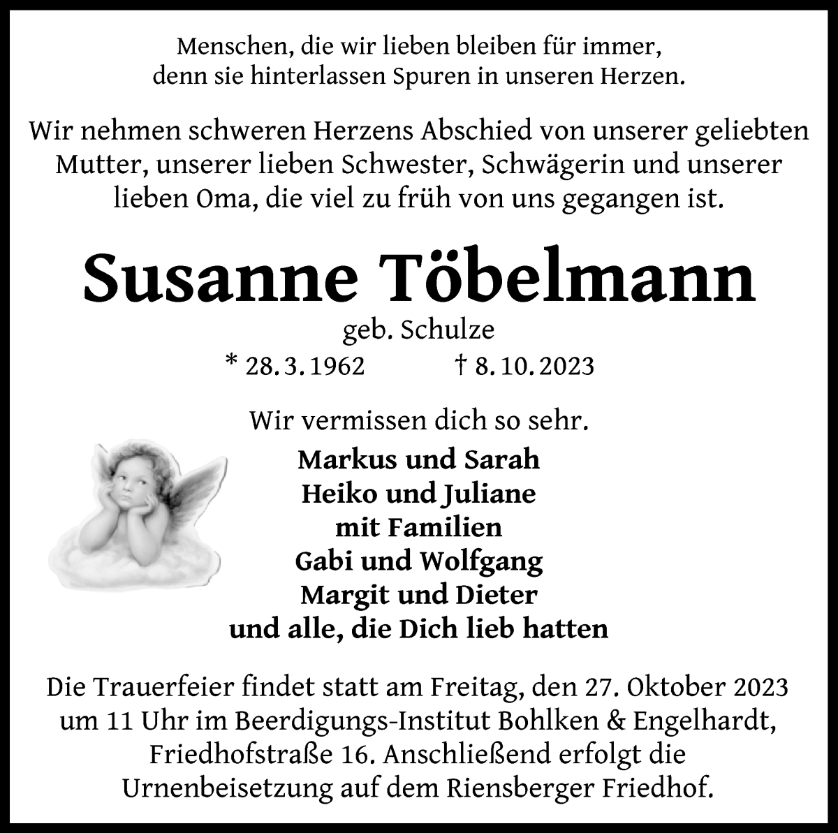 Traueranzeige von Susanne Töbelmann von WESER-KURIER