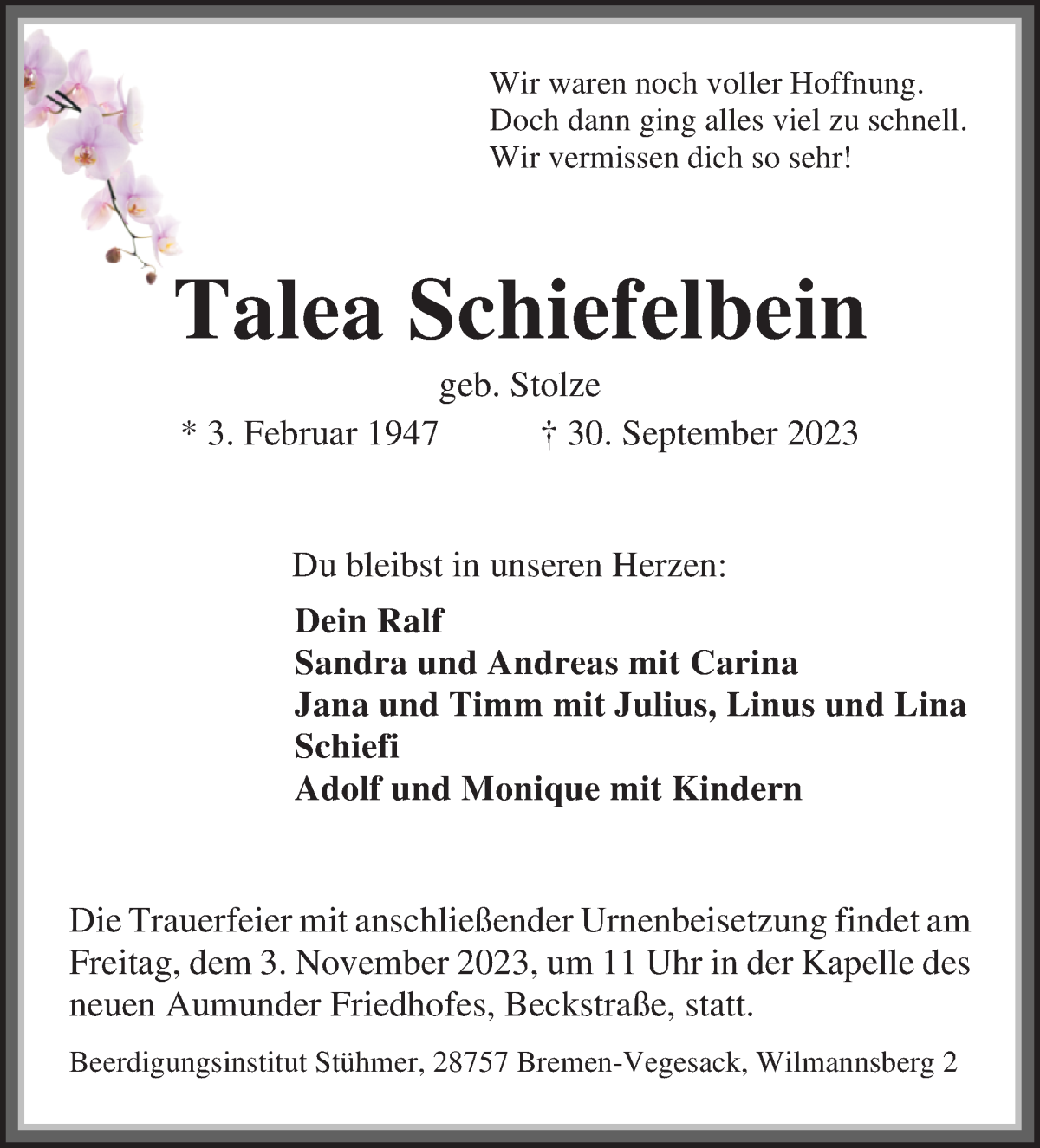 Traueranzeige von Talea Schiefelbein von Die Norddeutsche
