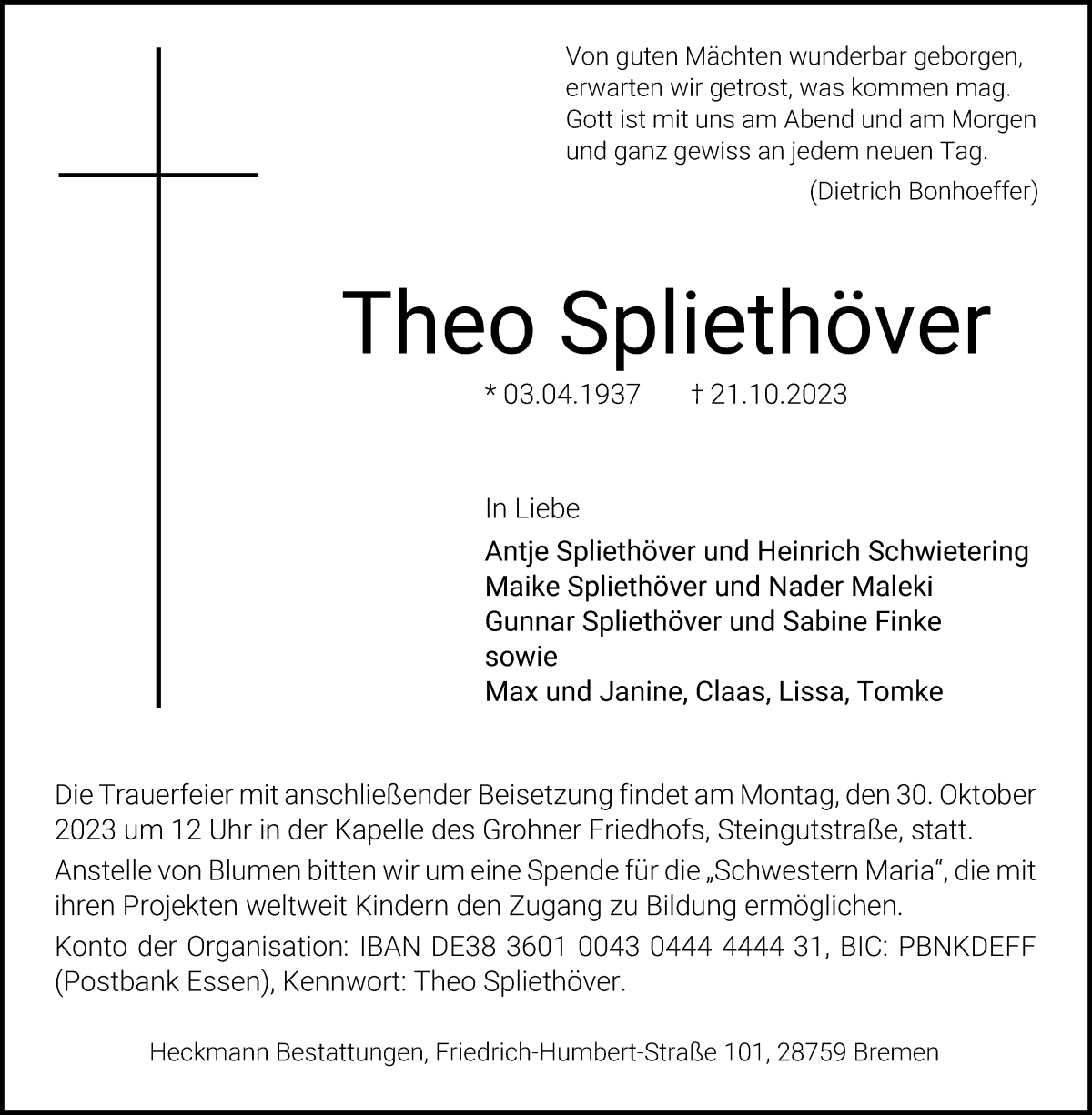 Traueranzeige von Theo Spliethöver von Die Norddeutsche