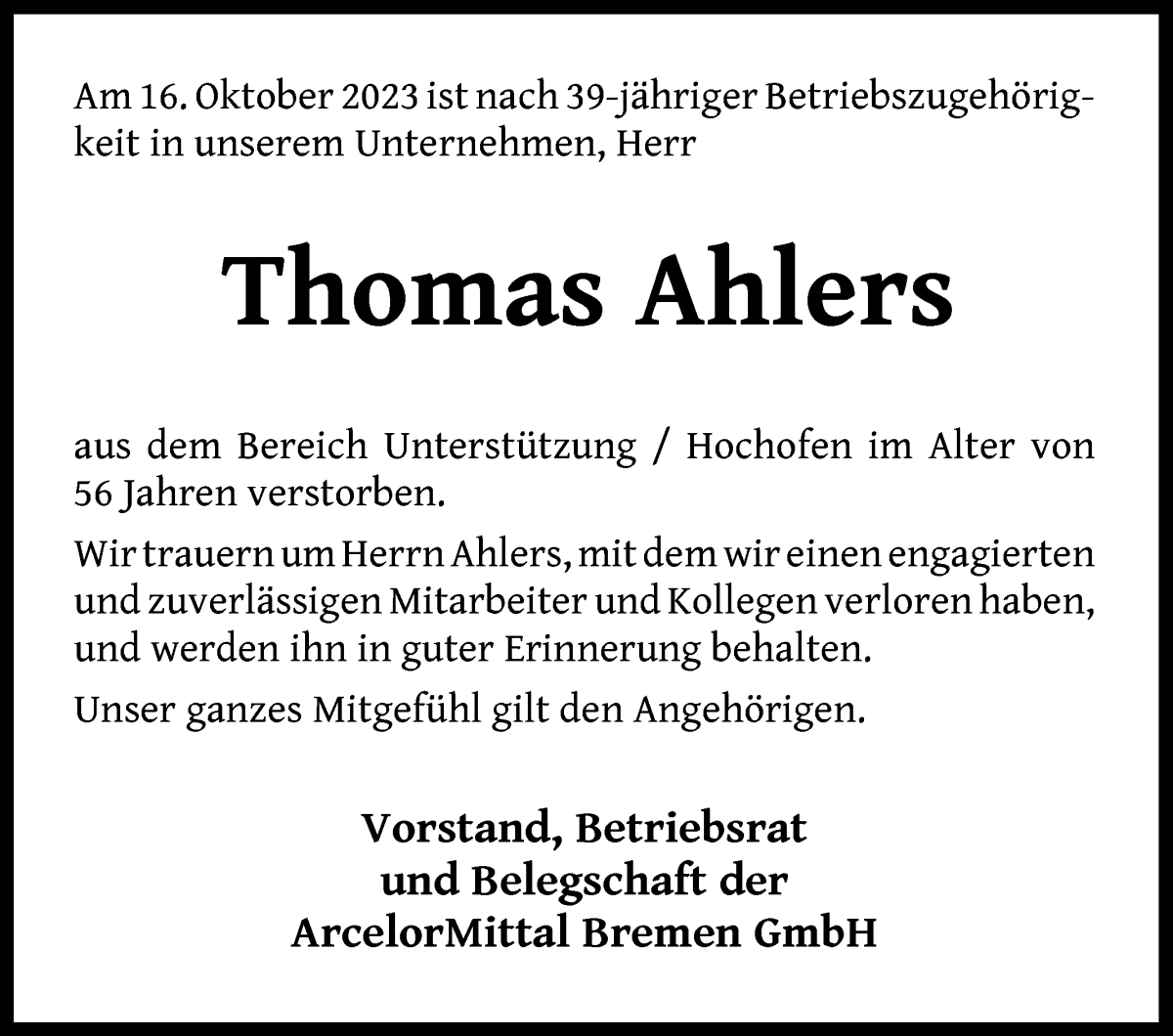 Traueranzeige von Thomas Ahlers von WESER-KURIER