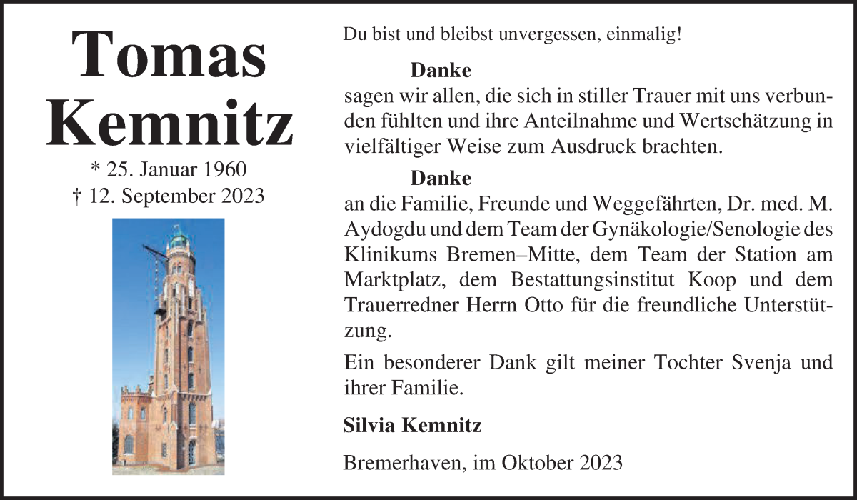 Traueranzeige von Thomas Kemnitz von WESER-KURIER