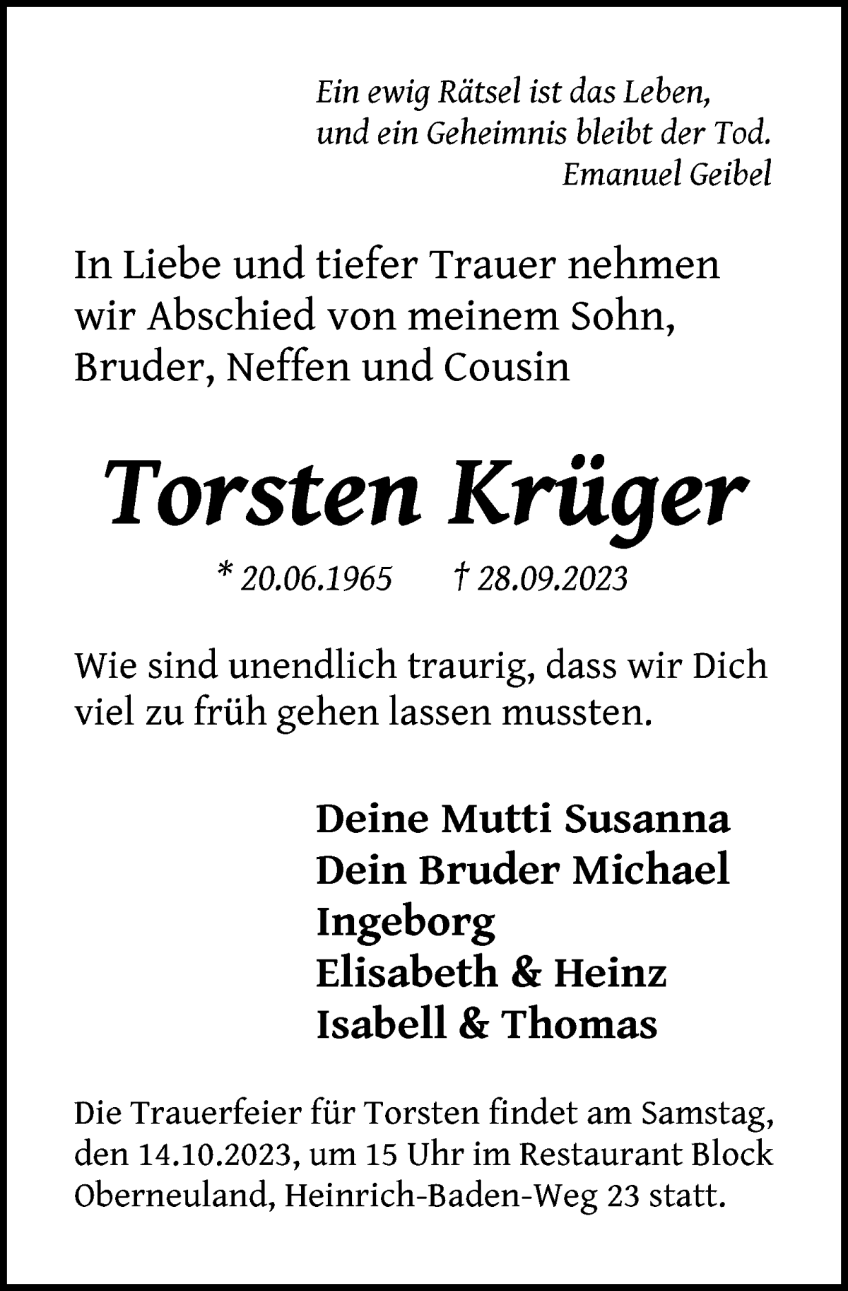 Traueranzeige von Torsten Krüger von WESER-KURIER
