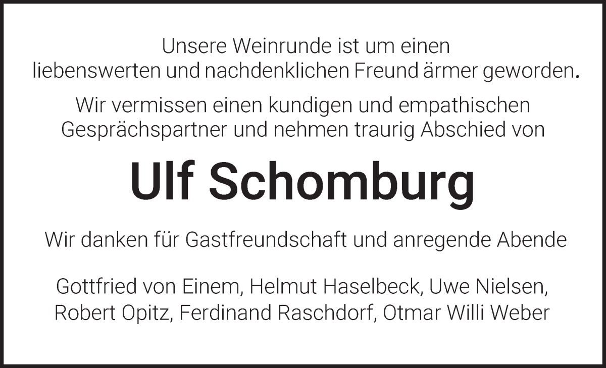 Traueranzeige von Ulf Schomburg von WESER-KURIER