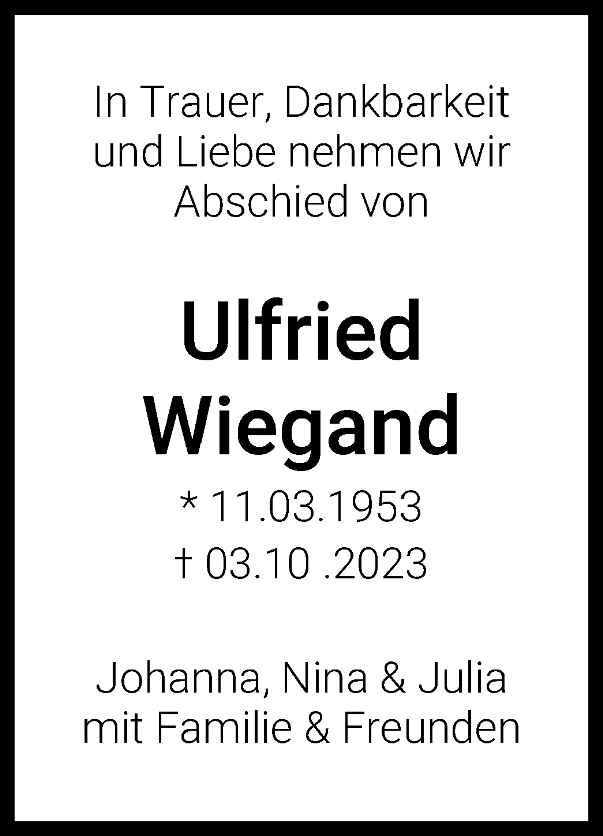 Traueranzeige von Ulfried Wiegand von WESER-KURIER