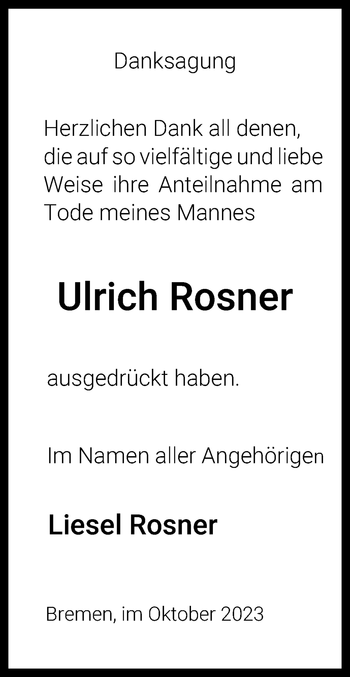 Traueranzeige von Ulrich Rosner von WESER-KURIER