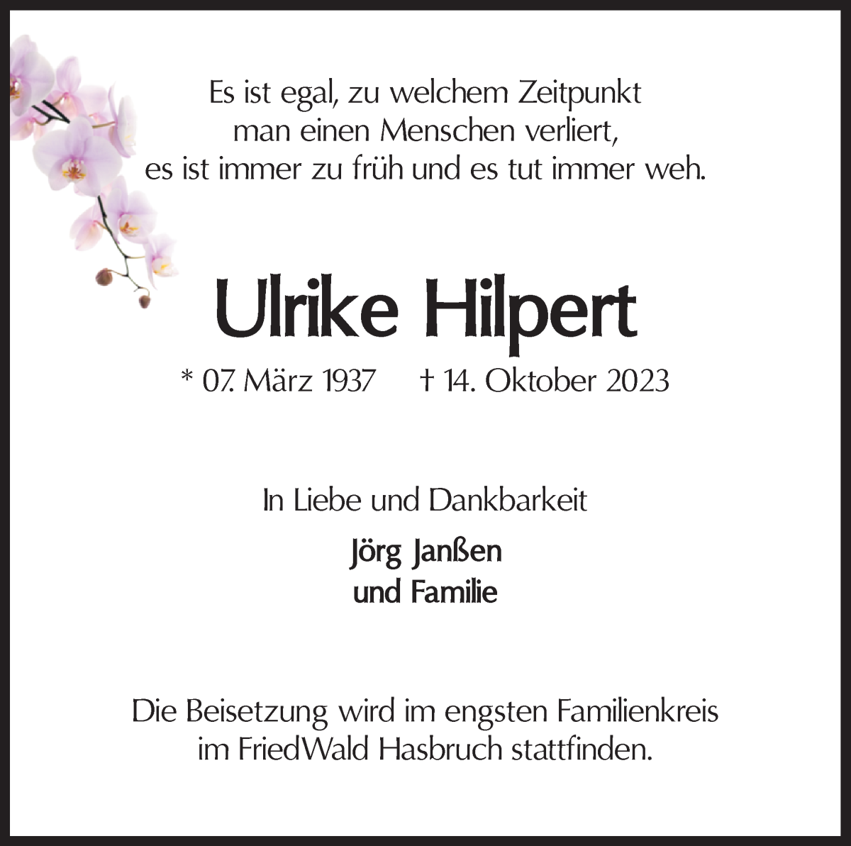 Traueranzeige von Ulrike Hilpert von WESER-KURIER