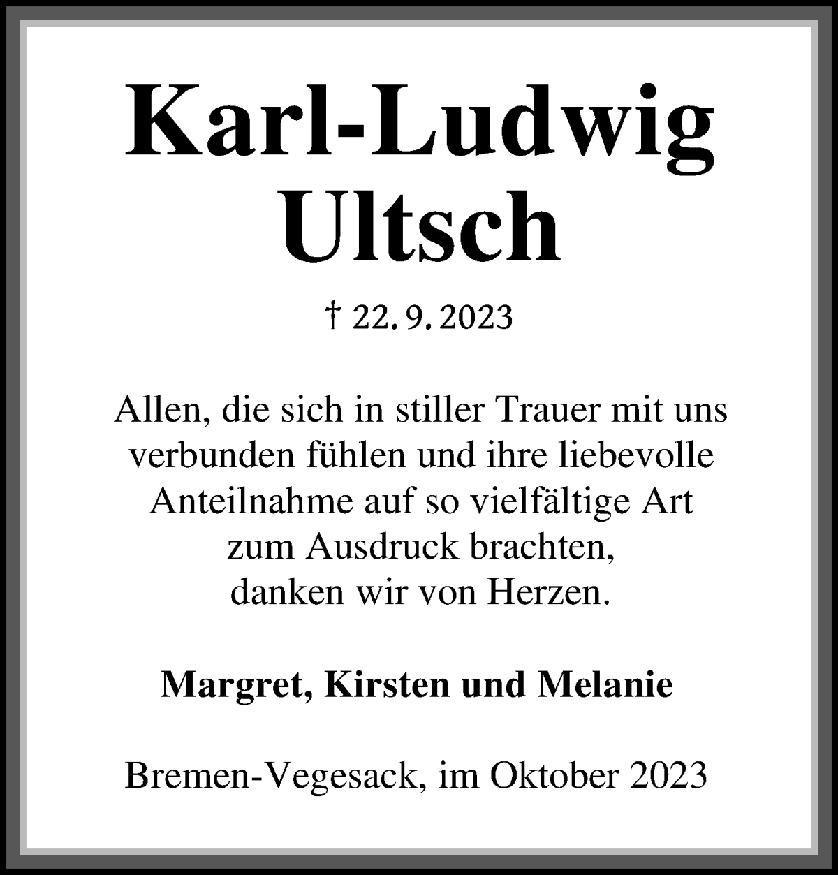 Traueranzeige von Ultsch Karl-Ludwig von Die Norddeutsche