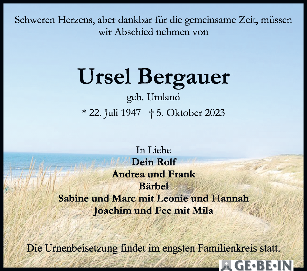 Traueranzeige von Ursel Bergauer von WESER-KURIER