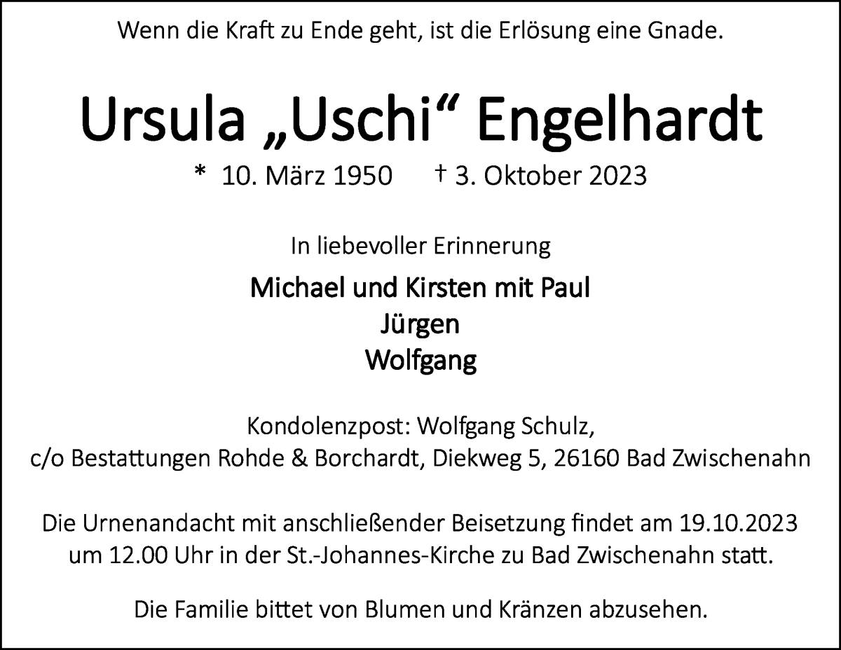 Traueranzeige von Ursula Engelhardt von WESER-KURIER